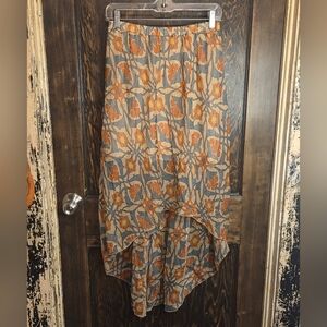 Willow & Clay High-Low Skirt in Orange & Gray/Blue Art Nouveau Floral Design